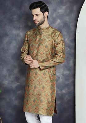 Golden Woven Design Silk Blend Kurta For Men