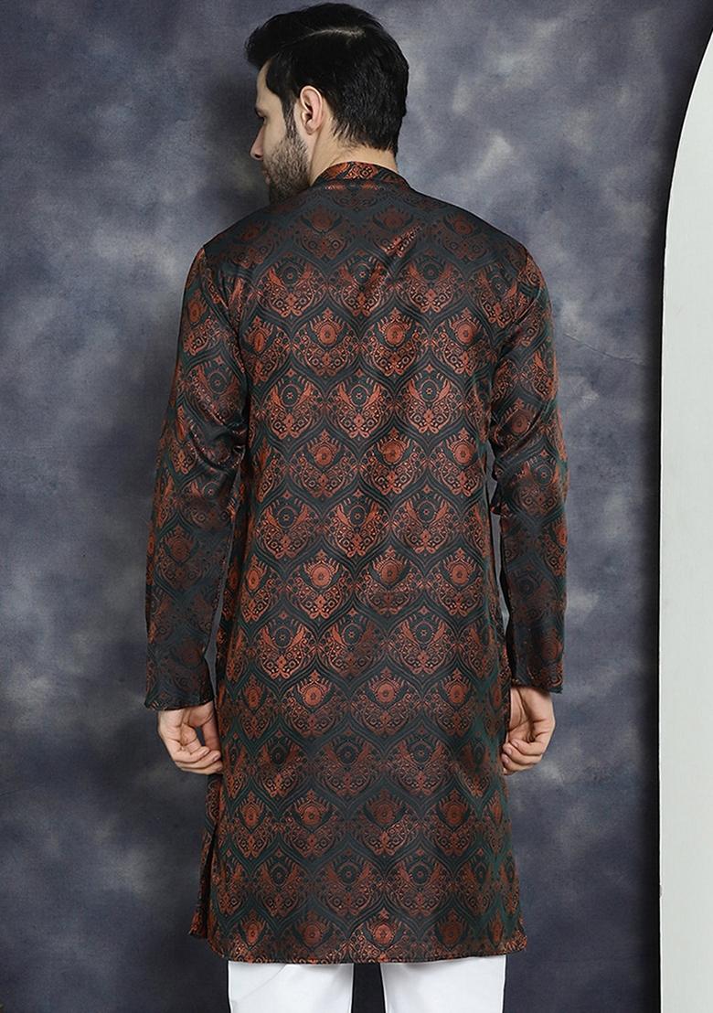 Bronze Woven Design Silk Blend Kurta For Men - Indya