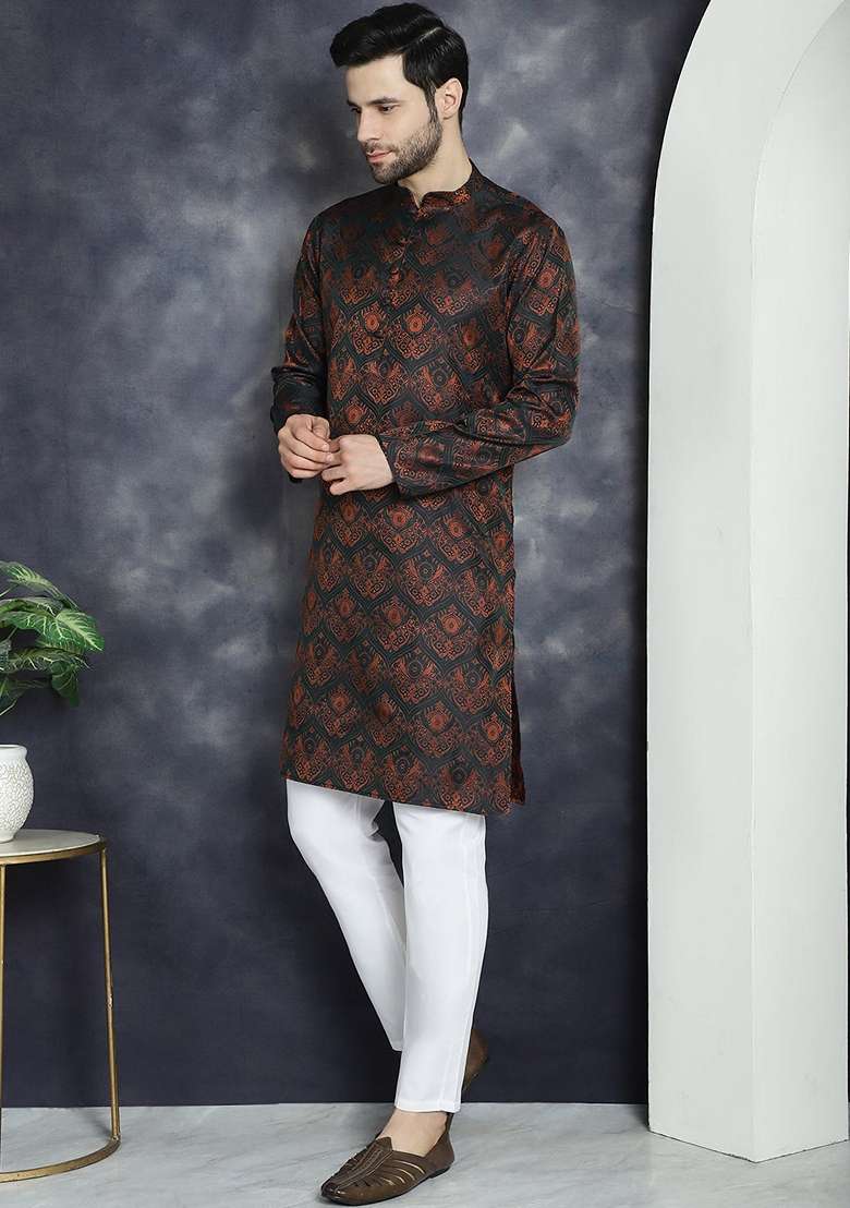 Bronze Woven Design Silk Blend Kurta For Men - Indya