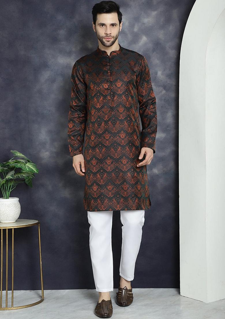 Bronze Woven Design Silk Blend Kurta For Men - Indya