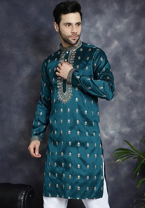 Blue Embroidered Cotton Blend Kurta For Men