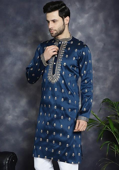 Navy Blue Embroidered Cotton Blend Kurta For Men