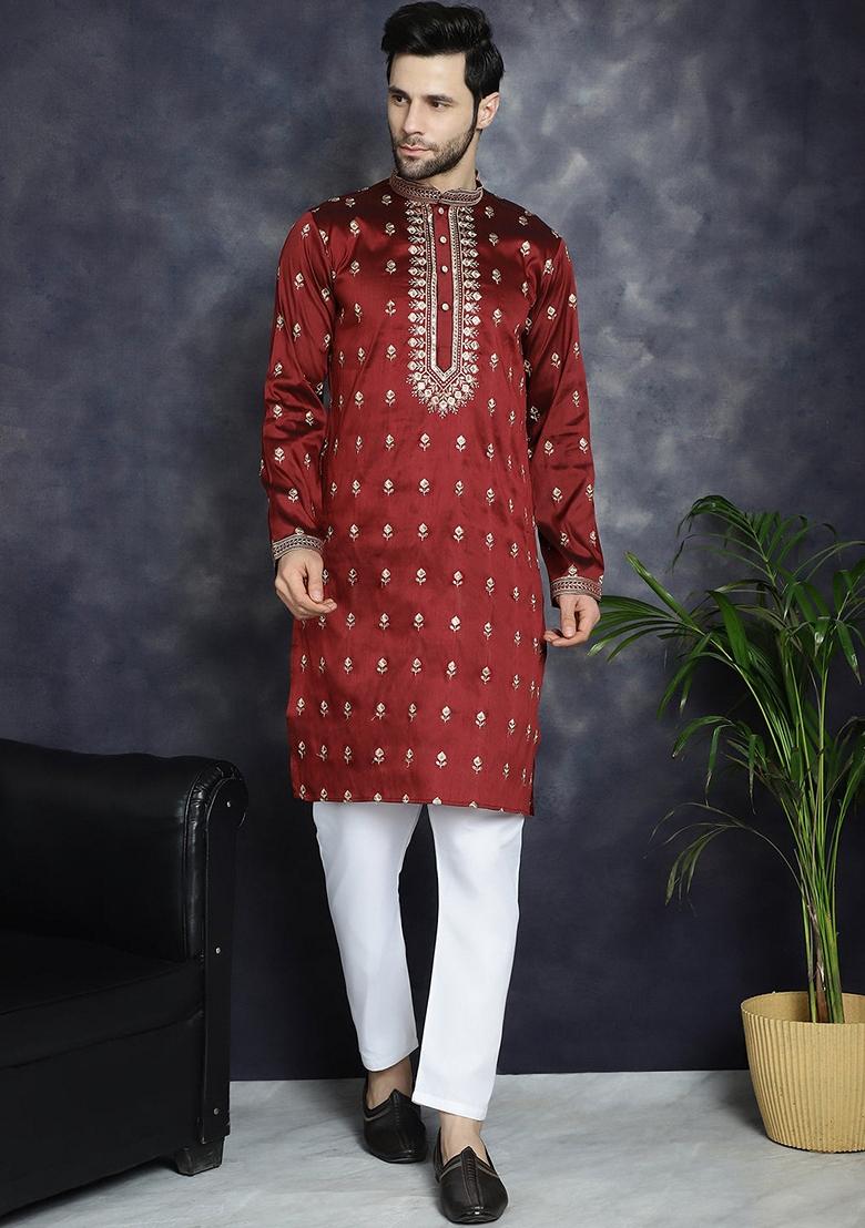 Maroon Embroidered Cotton Blend Kurta For Men - Indya