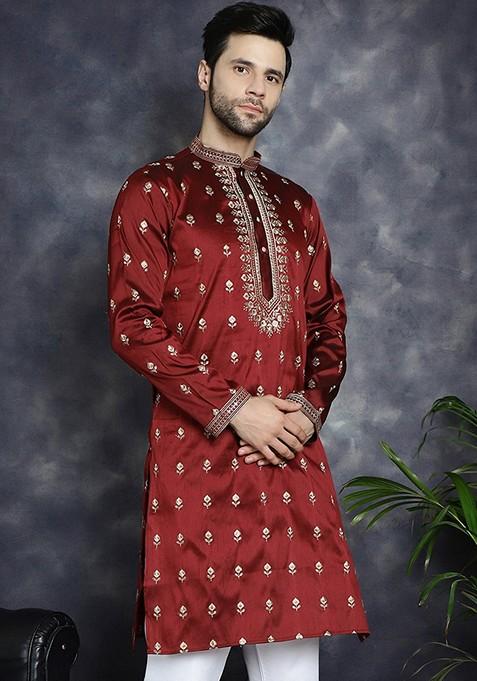 Maroon Embroidered Cotton Blend Kurta For Men