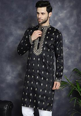 Black Embroidered Cotton Blend Kurta For Men