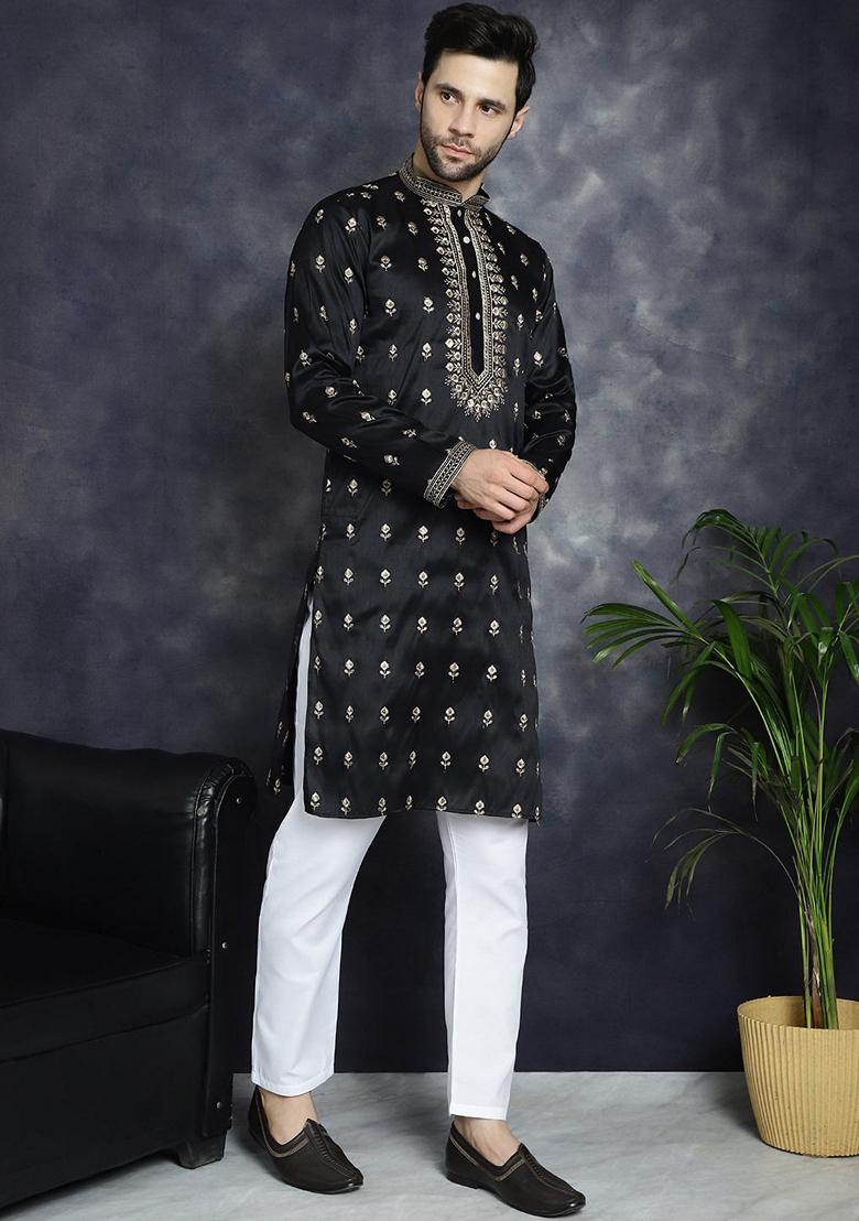 Black Embroidered Cotton Blend Kurta For Men