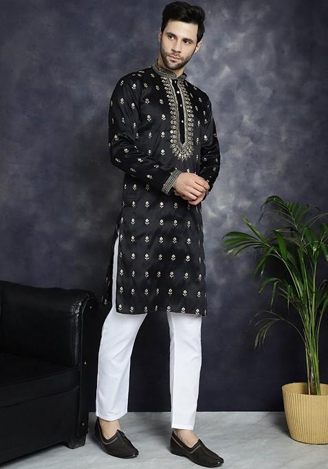 Black Embroidered Cotton Blend Kurta For Men