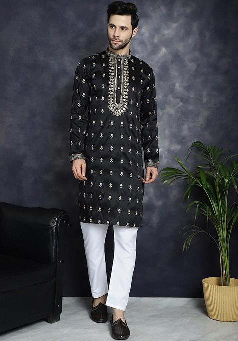 Black Embroidered Cotton Blend Kurta For Men
