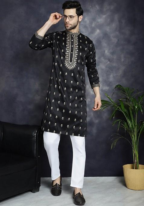 Black Embroidered Cotton Blend Kurta For Men