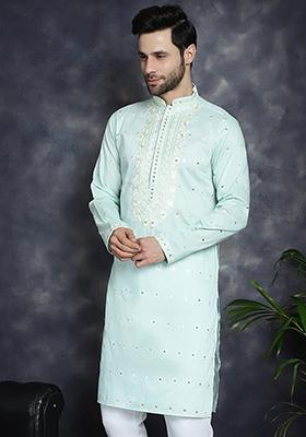 Sky Blue Embroidered Cotton Blend Kurta For Men