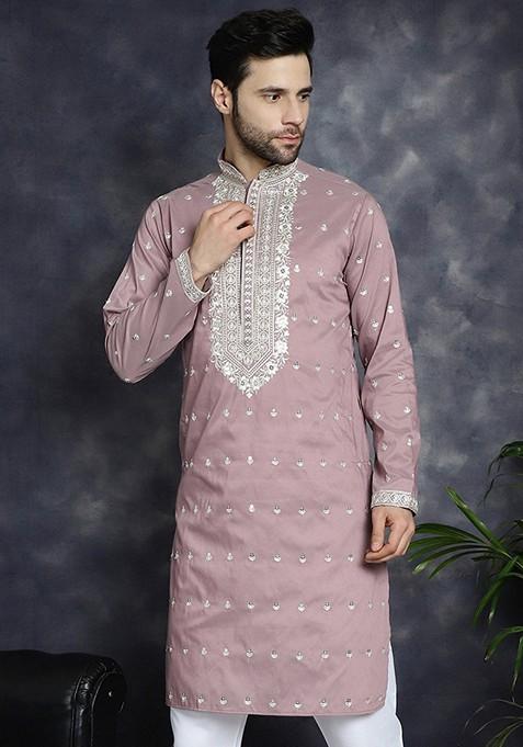 Magenta Embroidered Cotton Blend Kurta For Men