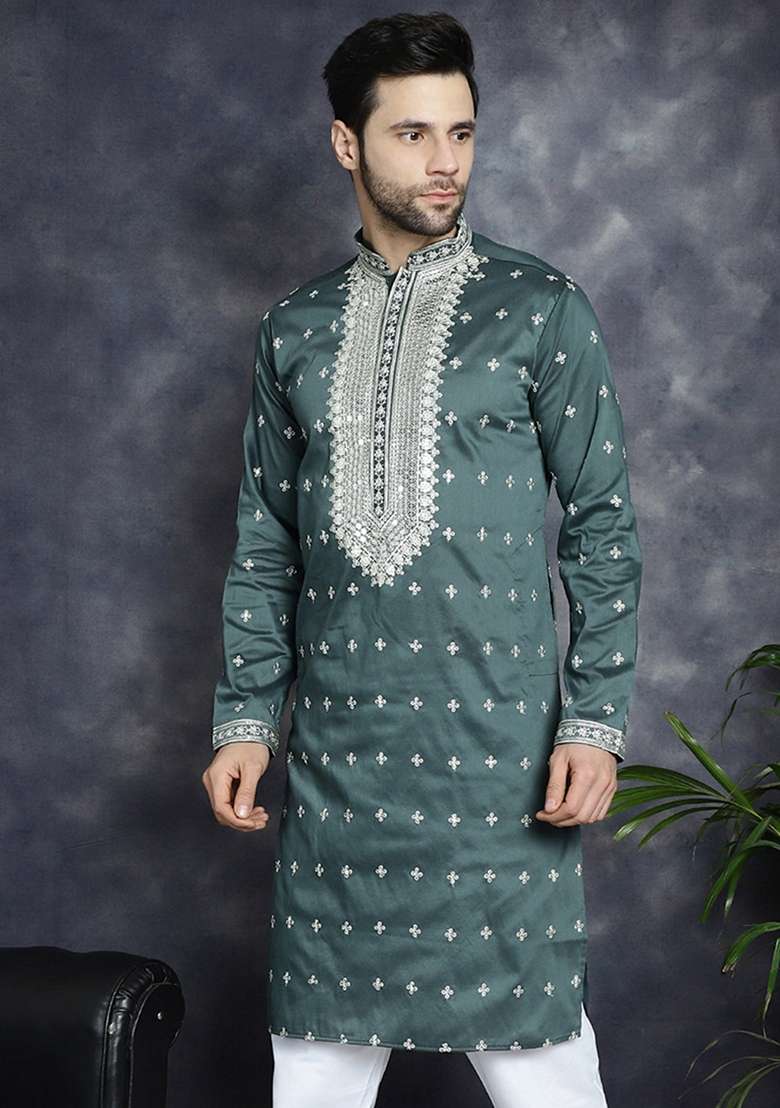 Olive Embroidered Cotton Blend Kurta For Men - Indya