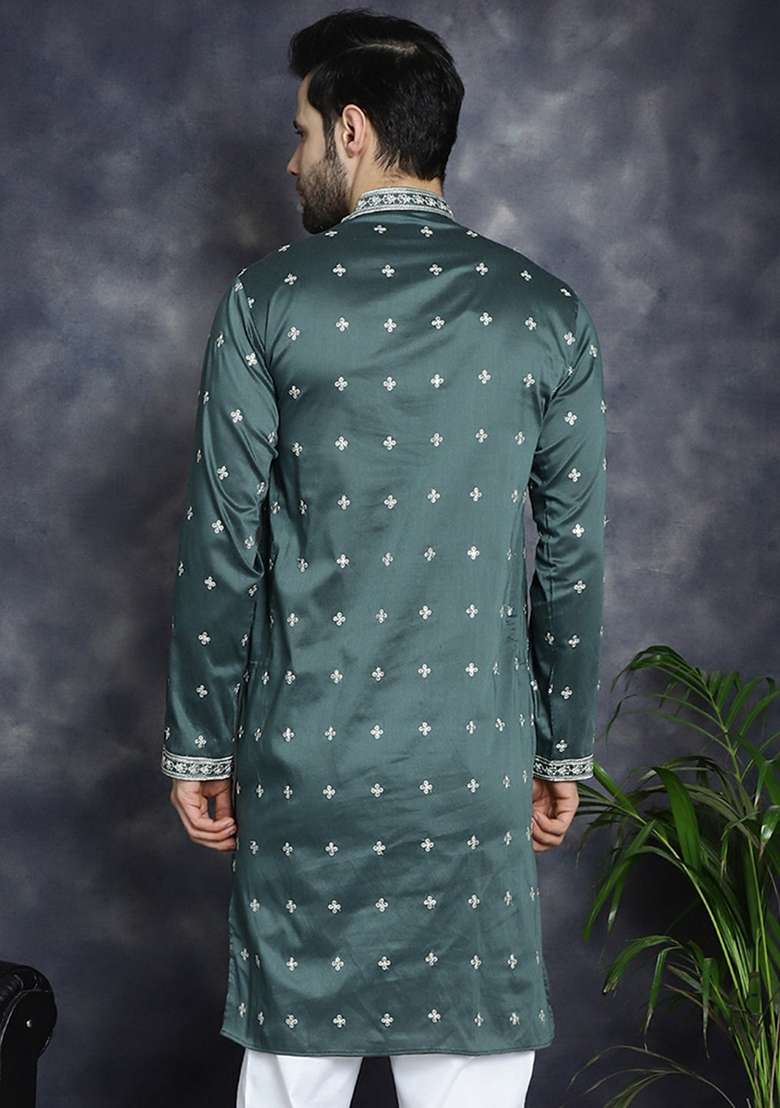 Olive Embroidered Cotton Blend Kurta For Men - Indya