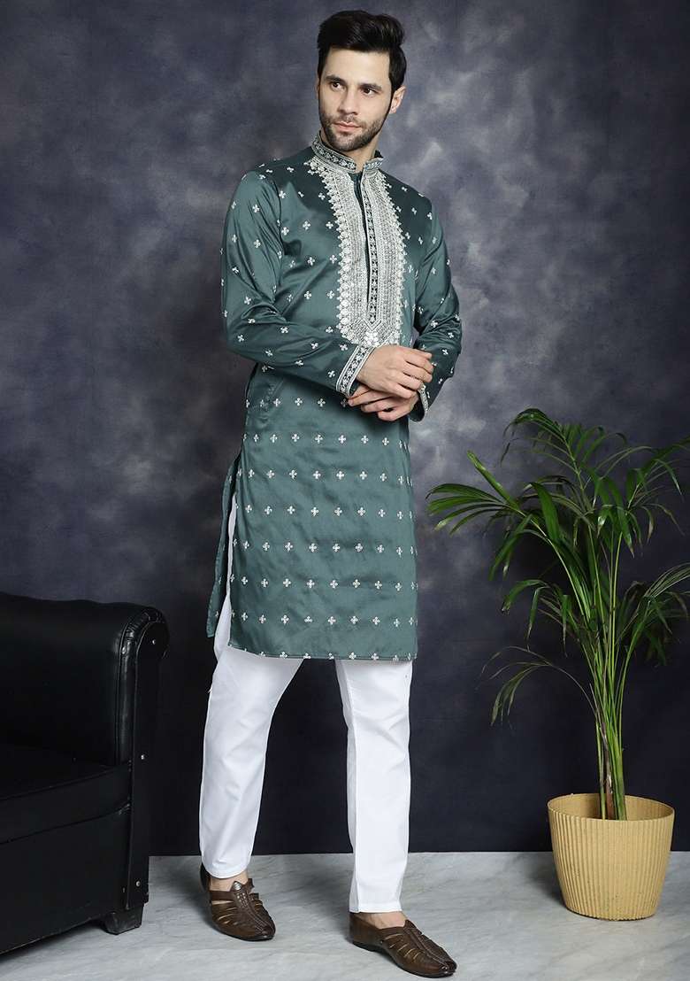 Olive Embroidered Cotton Blend Kurta For Men - Indya