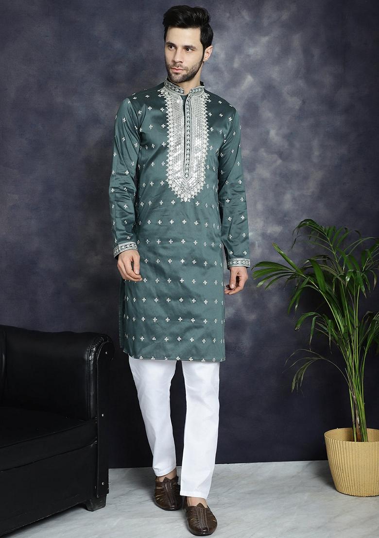 Olive Embroidered Cotton Blend Kurta For Men - Indya