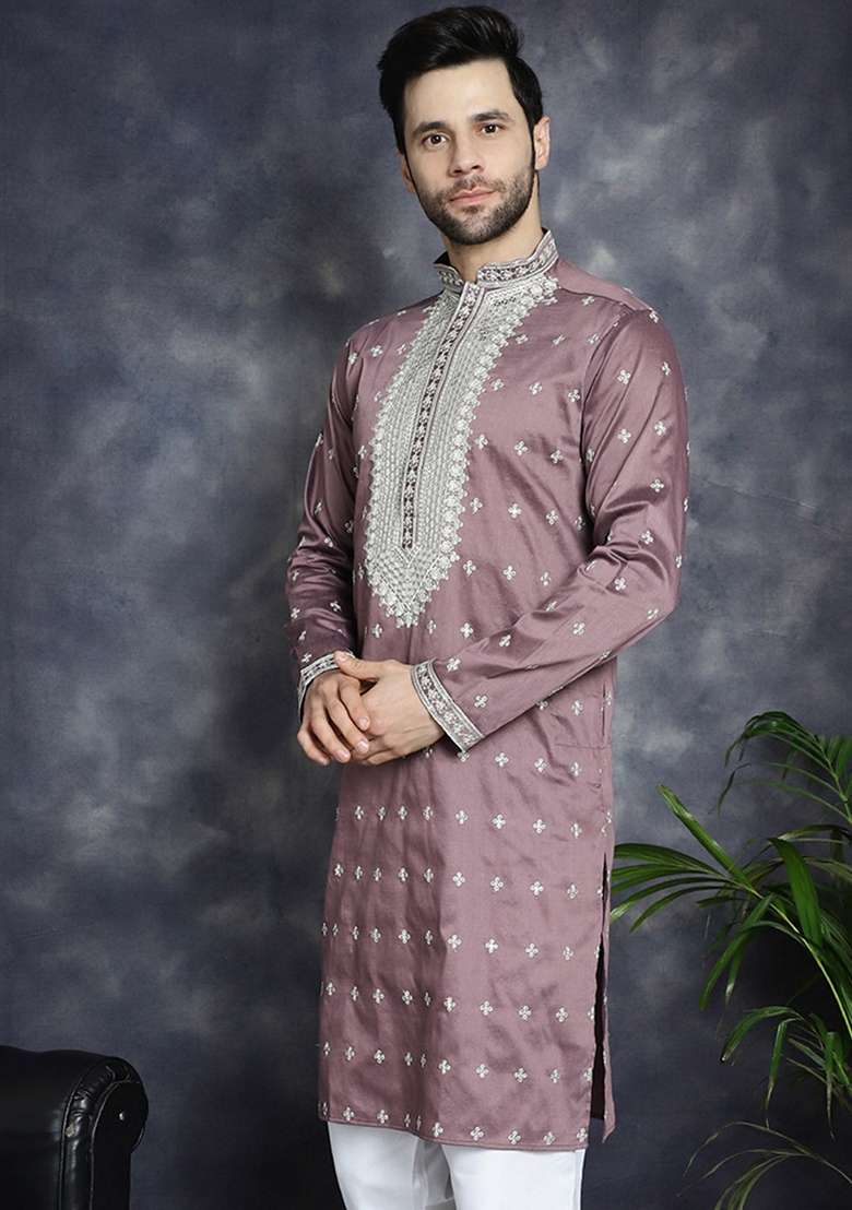 Magenta Embroidered Cotton Blend Kurta For Men - Indya