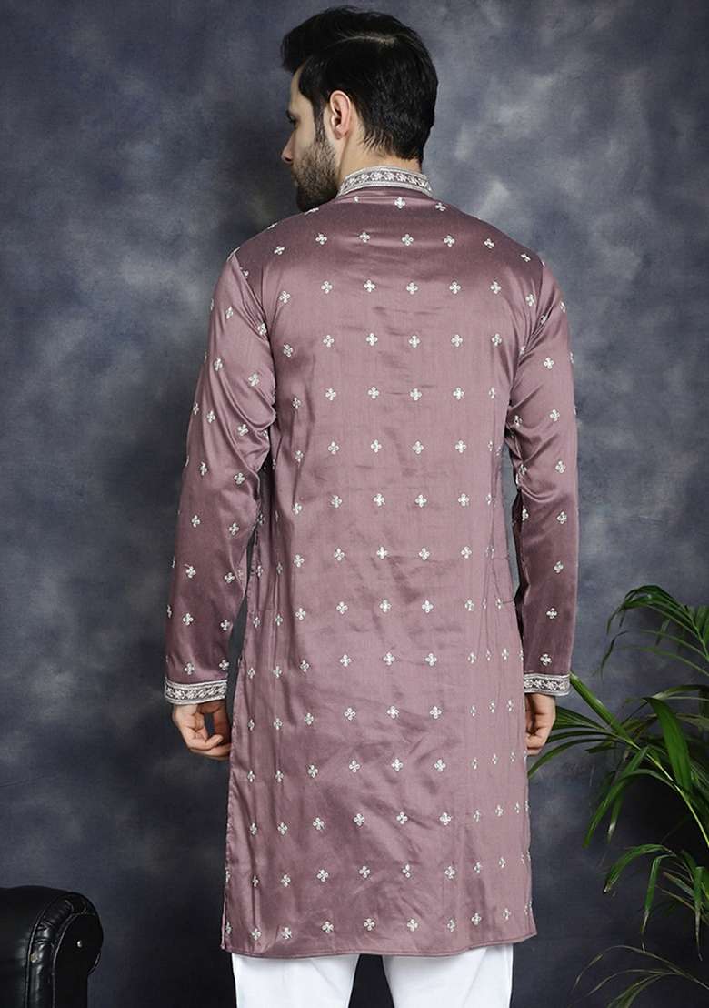 Magenta Embroidered Cotton Blend Kurta For Men - Indya