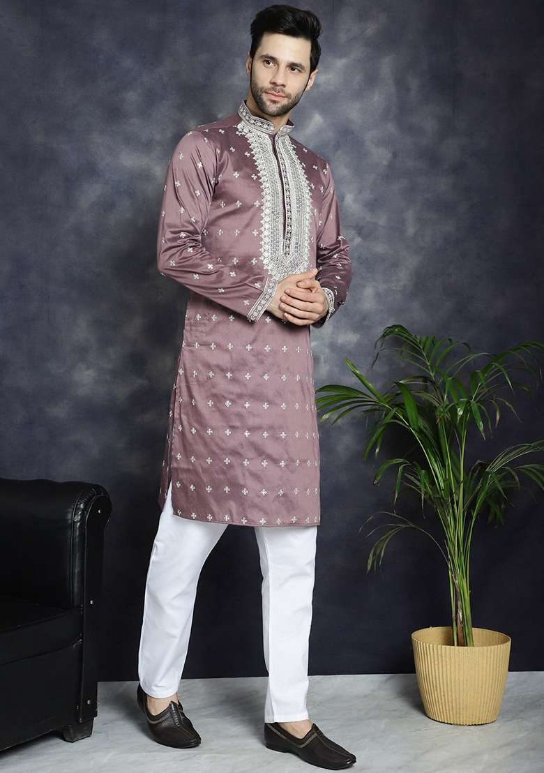 Magenta Embroidered Cotton Blend Kurta For Men - Indya