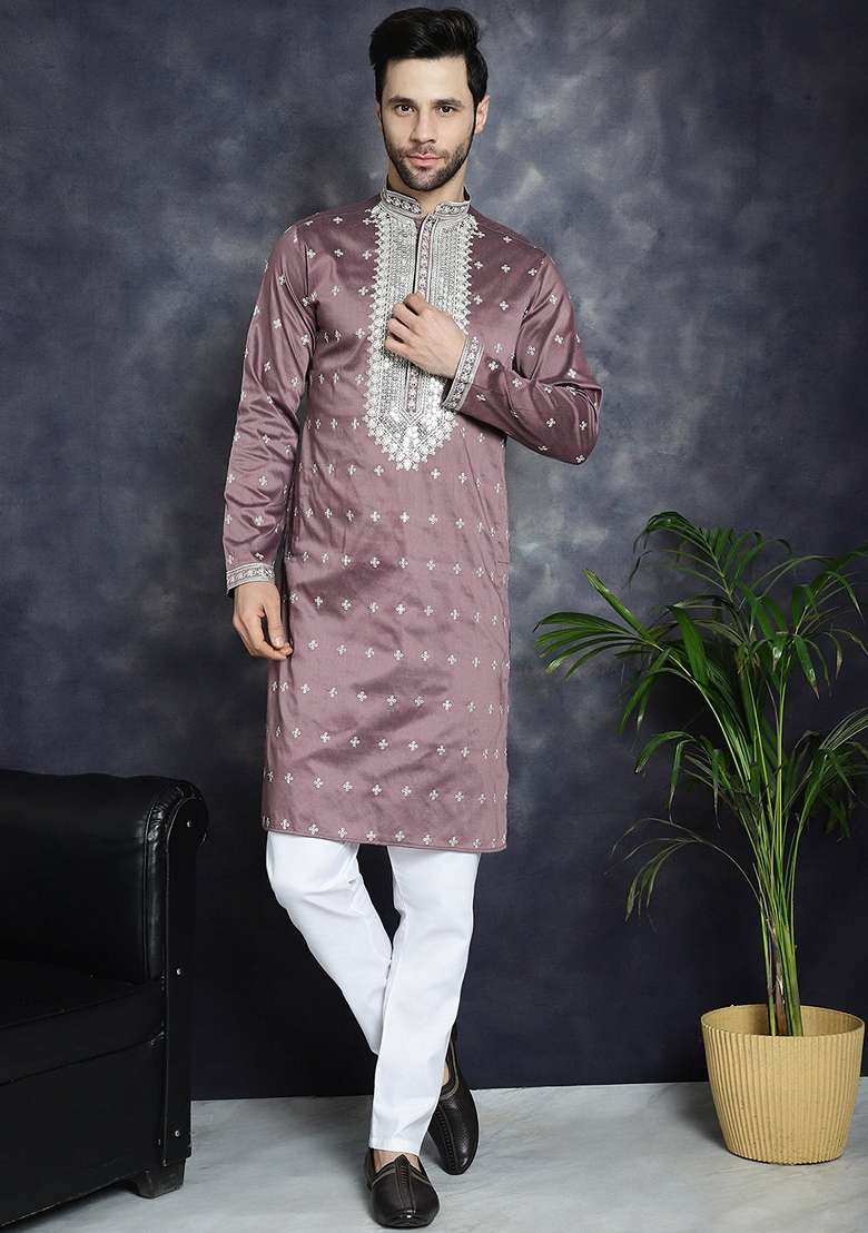 Magenta Embroidered Cotton Blend Kurta For Men - Indya
