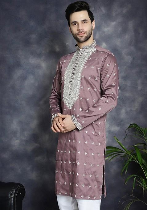 Magenta Embroidered Cotton Blend Kurta For Men