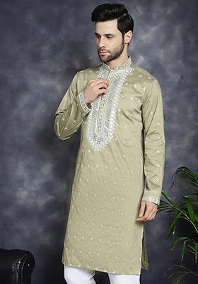 Beige Embroidered Cotton Blend Kurta For Men