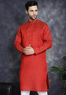 Red Woven Design Silk Blend Kurta For Men