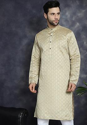 Beige Woven Design Silk Blend Kurta For Men