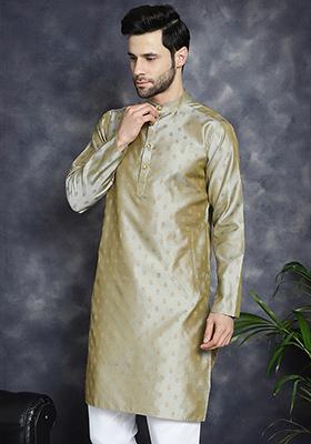 Pista Green Woven Design Silk Blend Kurta For Men
