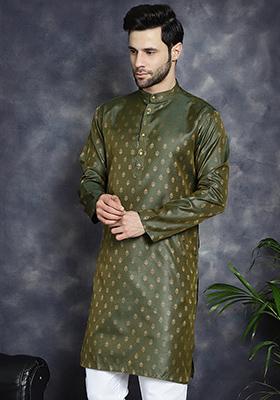 Olive Woven Design Silk Blend Kurta For Men