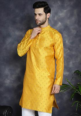 Mustard Woven Design Silk Blend Kurta For Men