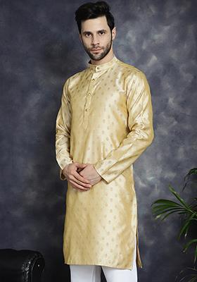Golden Woven Design Silk Blend Kurta For Men