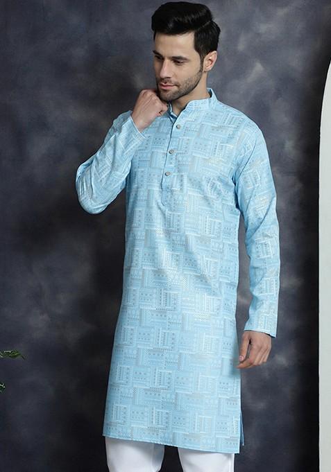 Sky Blue Printed Viscose Rayon Kurta For Men