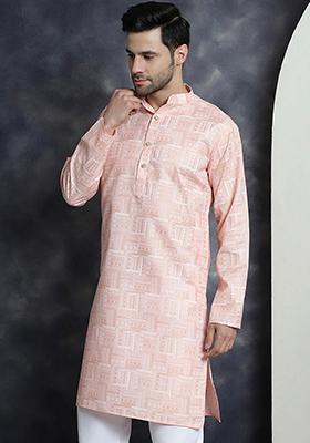 Peach Printed Viscose Rayon Kurta For Men