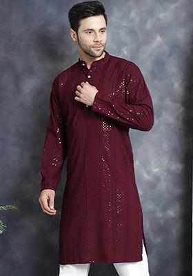 Purple Embroidered Viscose Rayon Kurta For Men