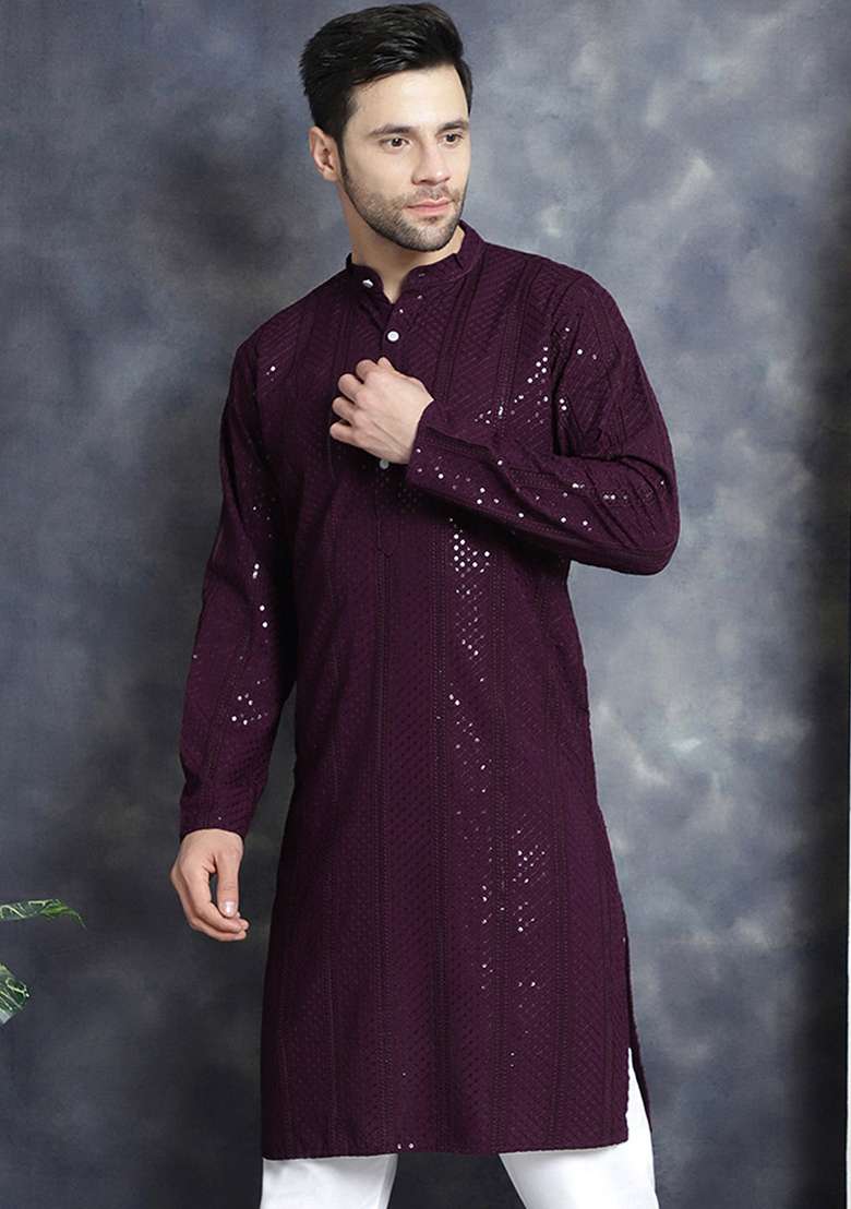 Purple Embroidered Viscose Rayon Kurta For Men - Indya