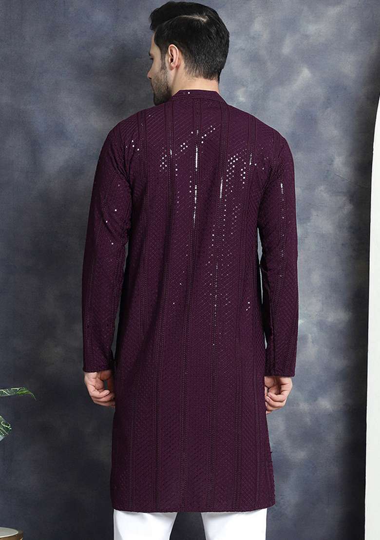 Purple Embroidered Viscose Rayon Kurta For Men - Indya