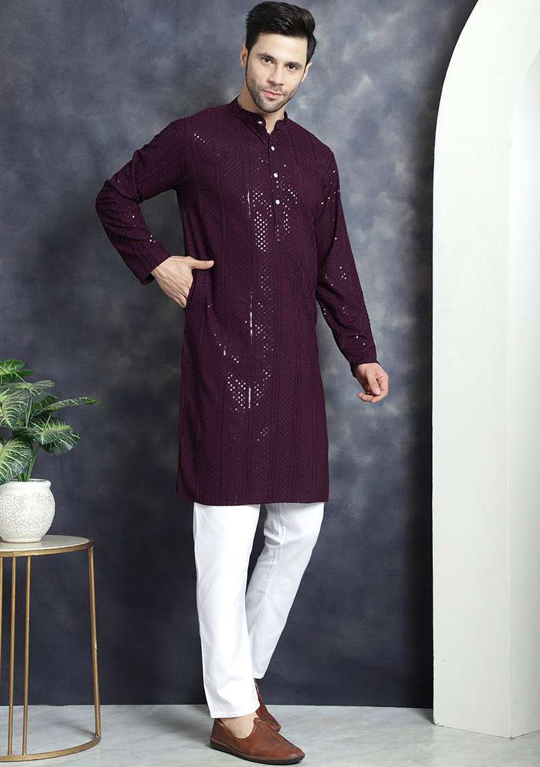 Purple Embroidered Viscose Rayon Kurta For Men - Indya