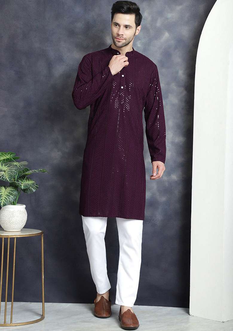 Purple Embroidered Viscose Rayon Kurta For Men - Indya