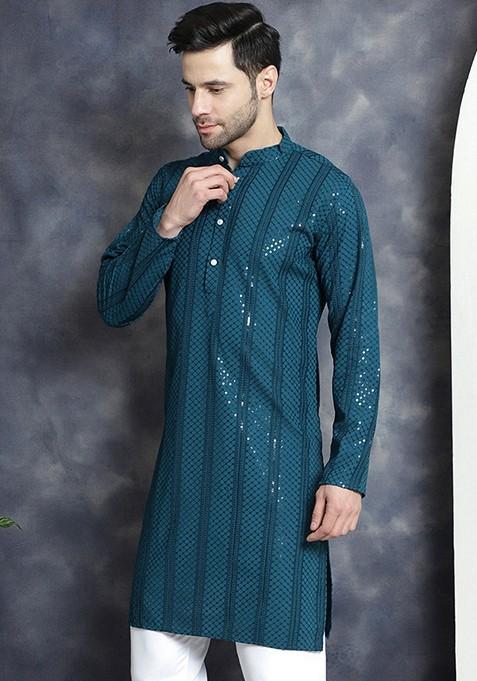 Blue Embroidered Viscose Rayon Kurta For Men