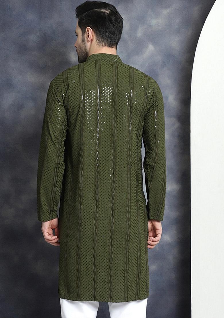 Mehndi Green Embroidered Viscose Rayon Kurta For Men