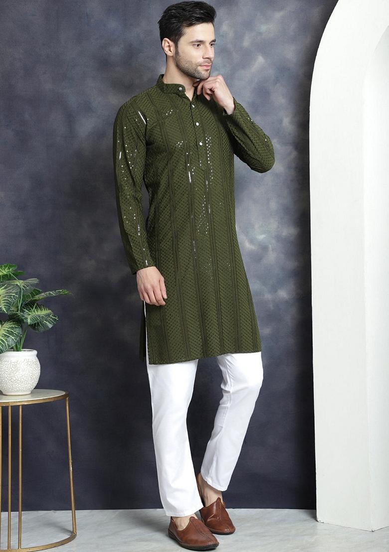 Mehndi Green Embroidered Viscose Rayon Kurta For Men