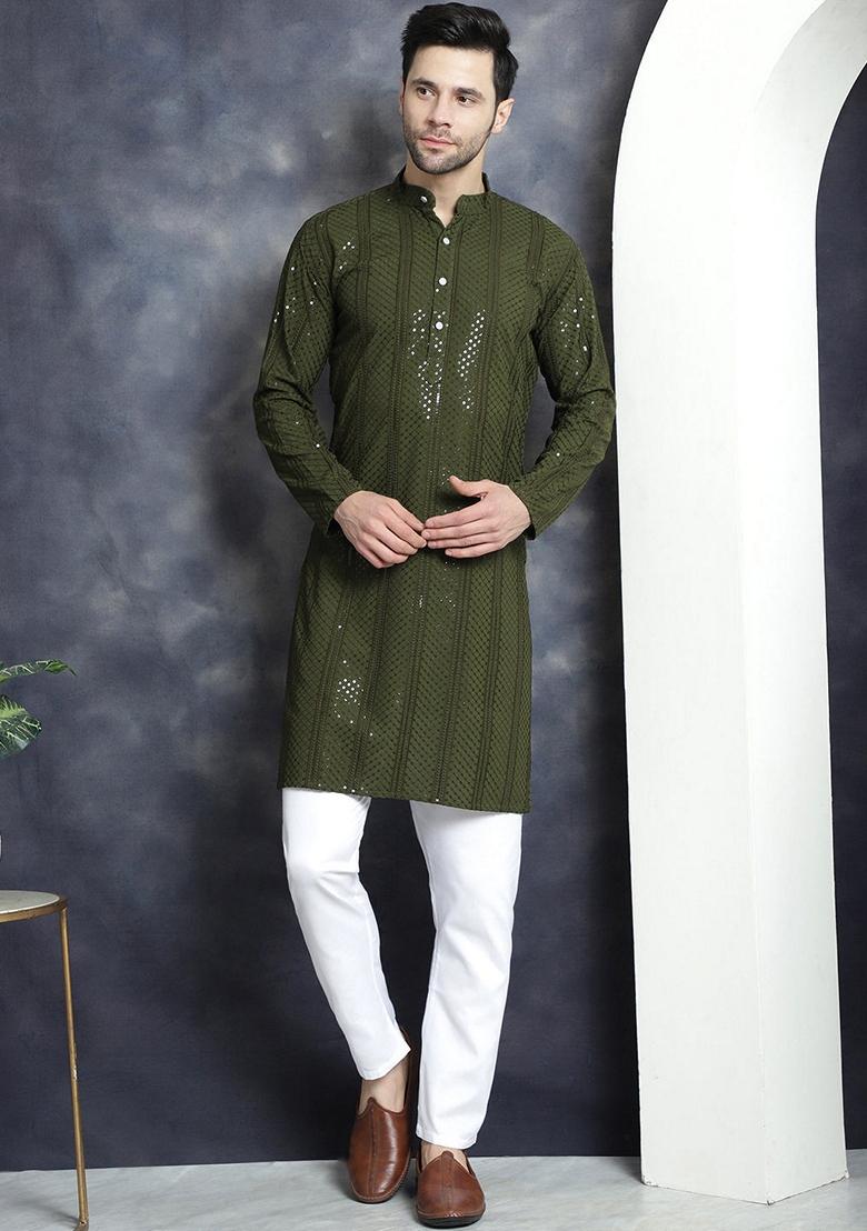 Mehndi Green Embroidered Viscose Rayon Kurta For Men