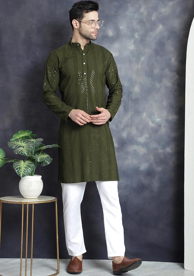Mehndi Green Embroidered Viscose Rayon Kurta For Men
