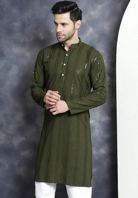 Mehndi Green Embroidered Viscose Rayon Kurta For Men
