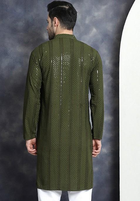 Mehndi Green Embroidered Viscose Rayon Kurta For Men