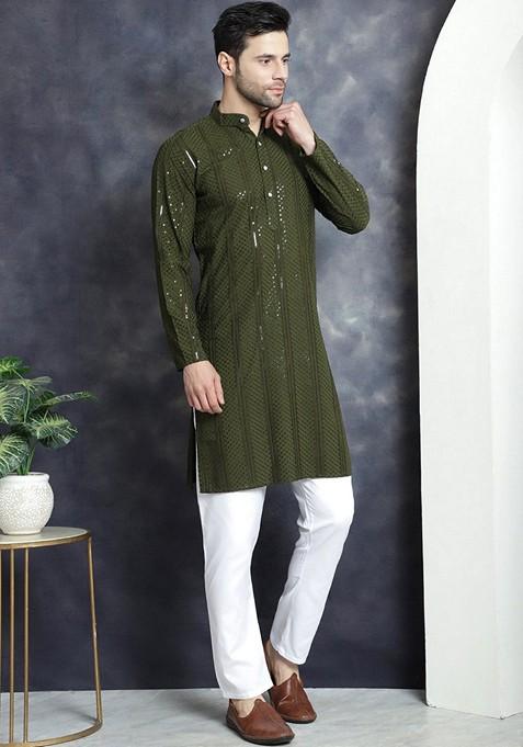 Mehndi Green Embroidered Viscose Rayon Kurta For Men