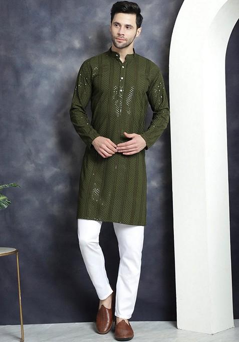 Mehndi Green Embroidered Viscose Rayon Kurta For Men