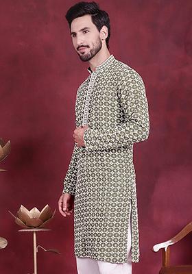 Mehndi Green Embroidered Viscose Rayon Kurta For Men