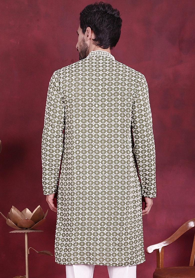 Mehndi Green Embroidered Viscose Rayon Kurta For Men