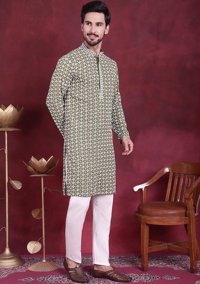 Mehndi Green Embroidered Viscose Rayon Kurta For Men